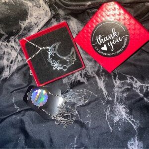 Handmade Silver Star and Moon long chain Necklace and Crystal Earring Set